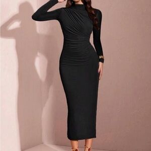 SHEIN Black Ruched Long Sleeve Maxi Dress